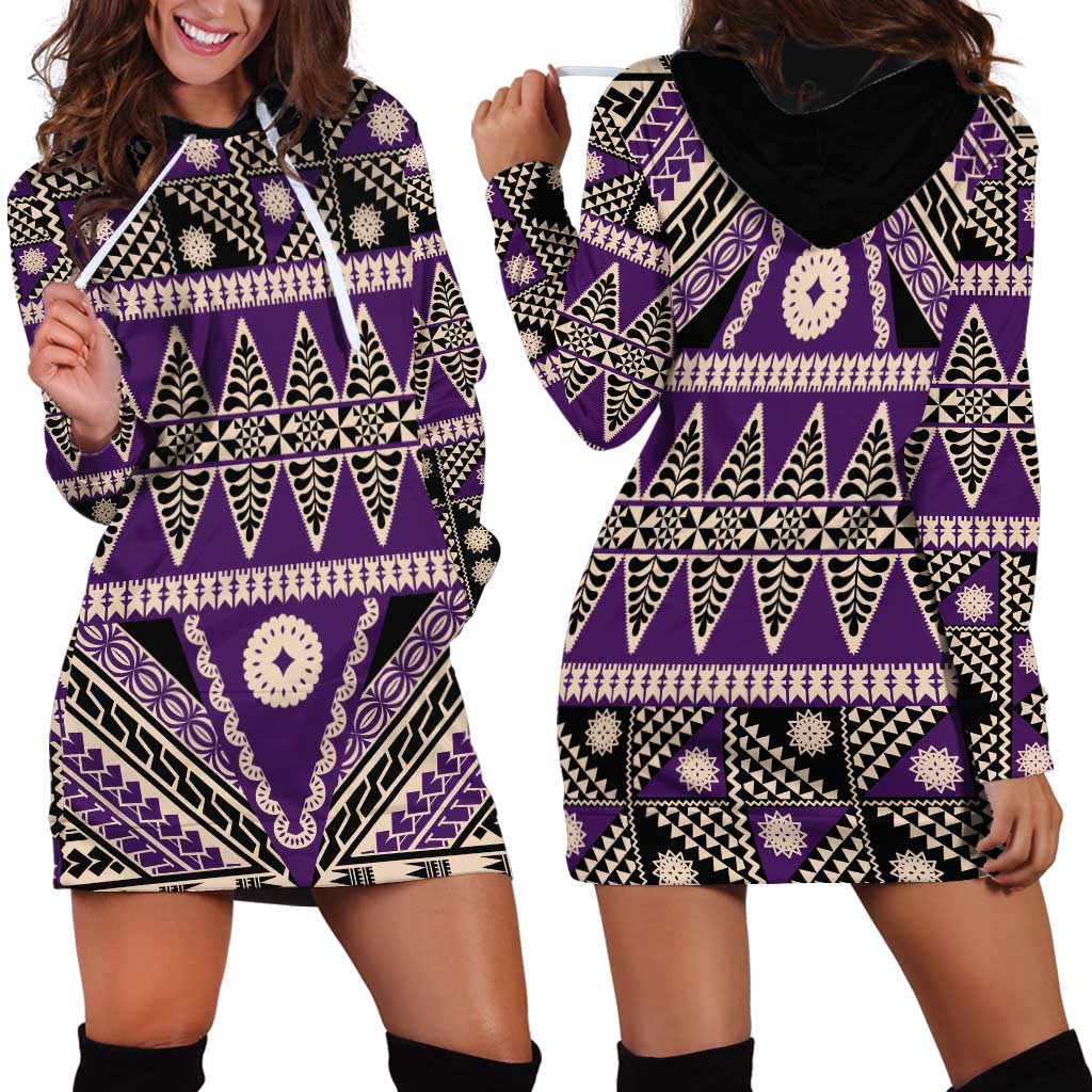 Vintage Bula Fiji Hoodie Dress Purple Tapa Masi Motif LT9 - Polynesian Pride