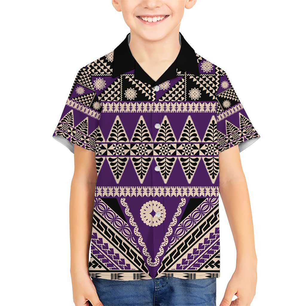 Vintage Bula Fiji Kid Hawaiian Shirt Purple Tapa Masi Motif LT9 Kid Purple - Polynesian Pride