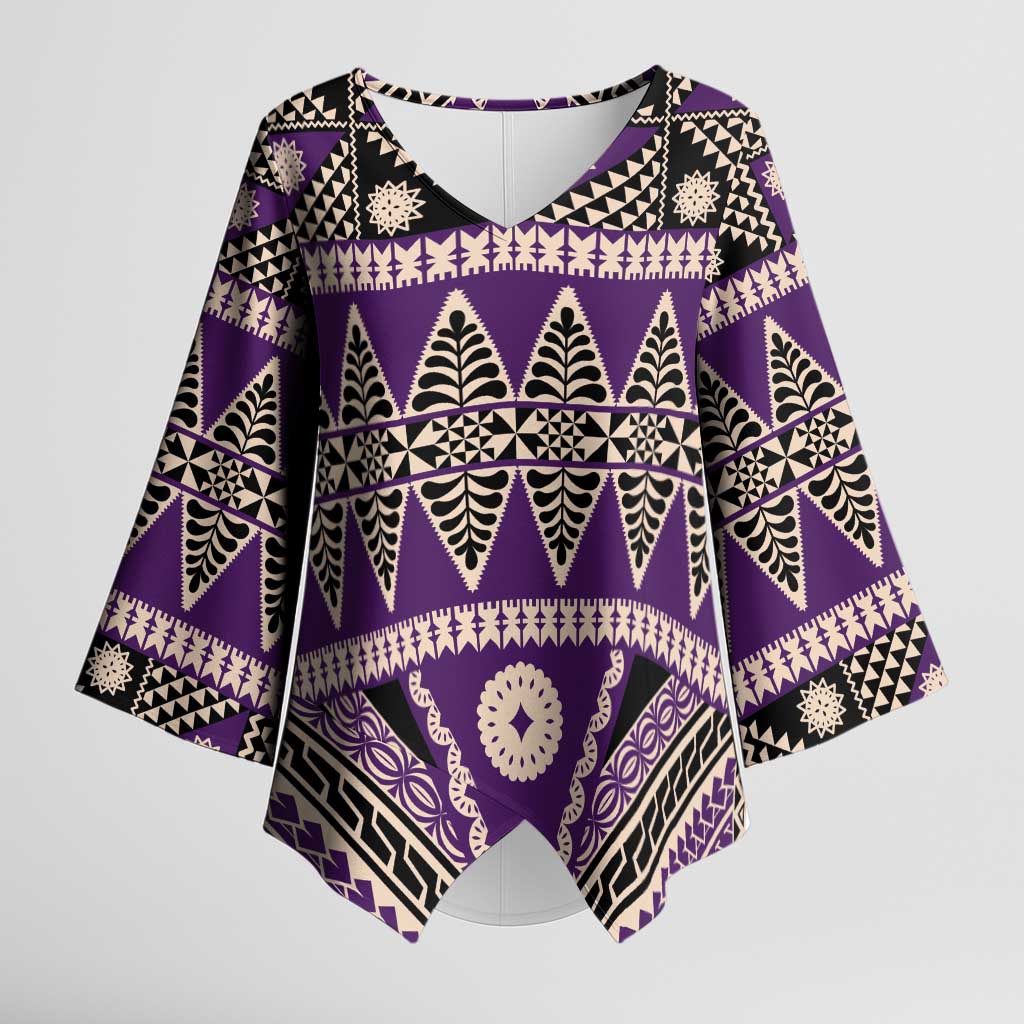 Vintage Bula Fiji Kimono Sleeve Blouse Purple Tapa Masi Motif - Polynesian Pride