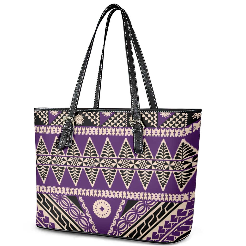 Vintage Bula Fiji Leather Tote Bag Purple Tapa Masi Motif