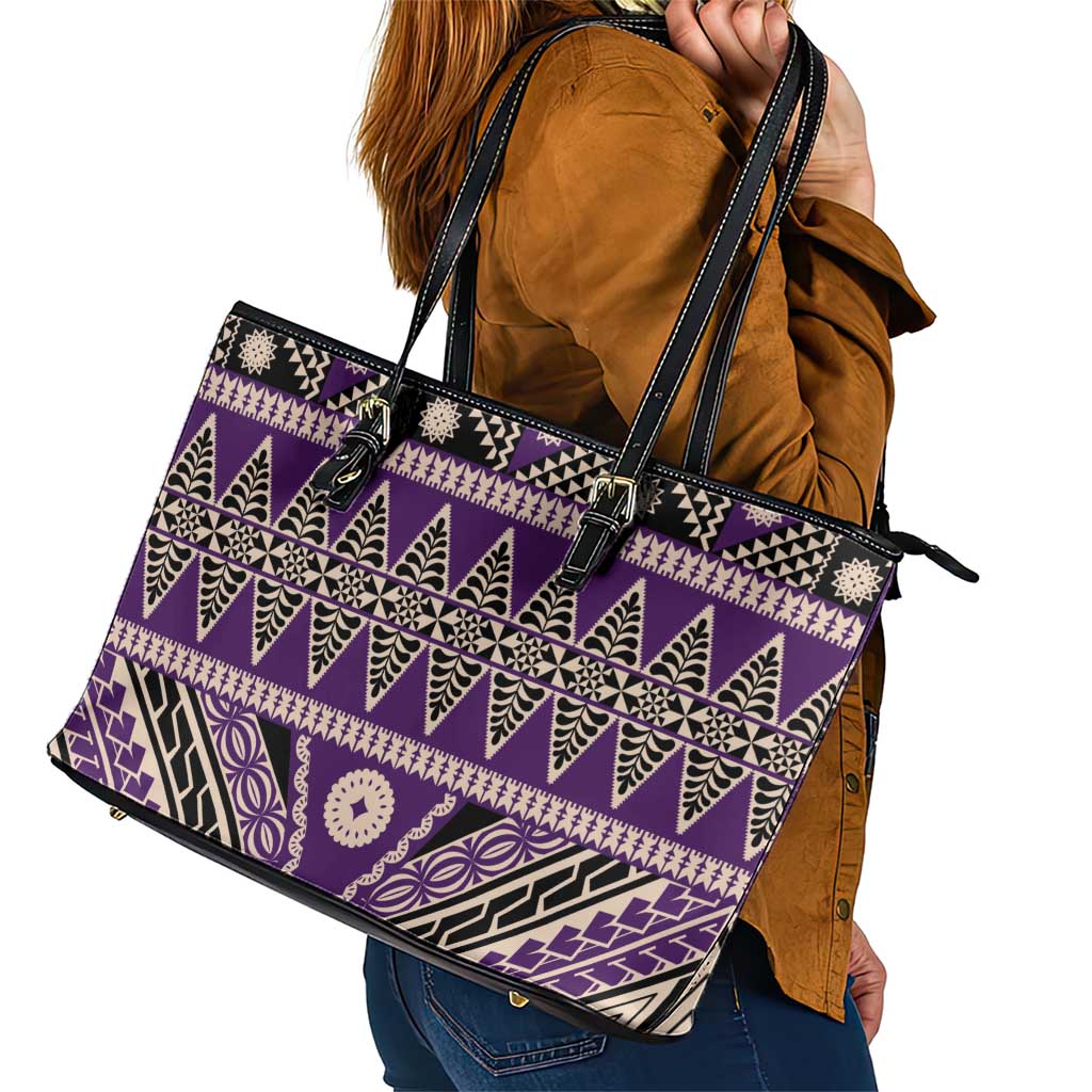 Vintage Bula Fiji Leather Tote Bag Purple Tapa Masi Motif