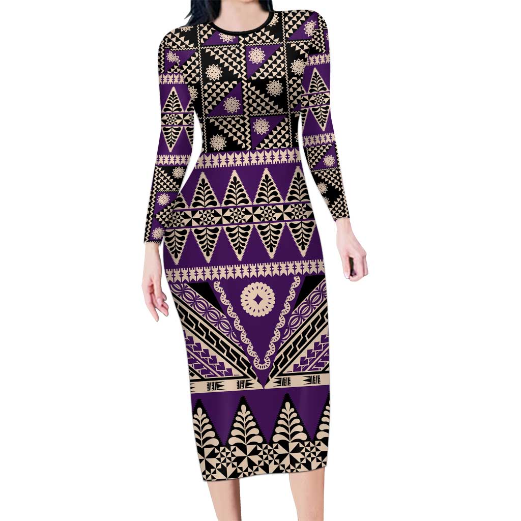Vintage Bula Fiji Long Sleeve Bodycon Dress Purple Tapa Masi Motif LT9 Long Dress Purple - Polynesian Pride