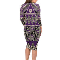 Vintage Bula Fiji Long Sleeve Bodycon Dress Purple Tapa Masi Motif LT9 - Polynesian Pride