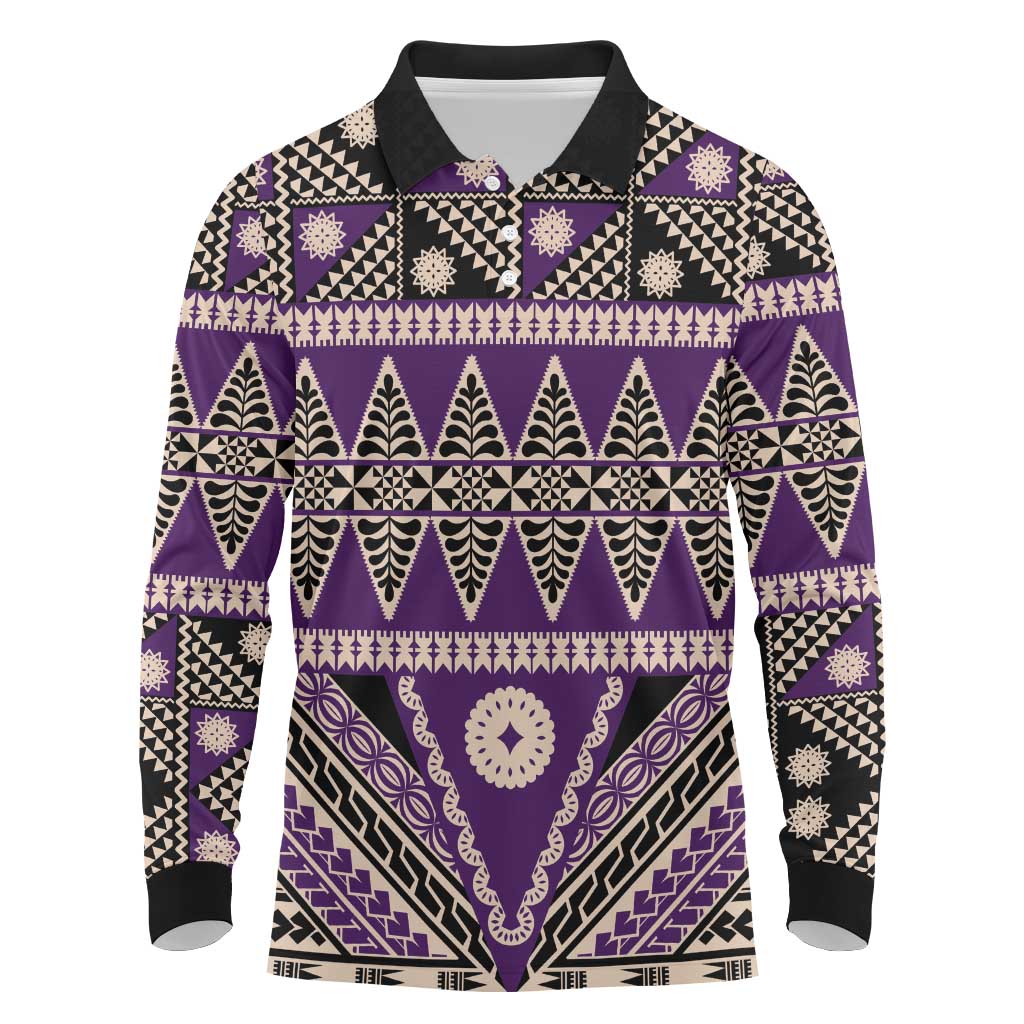 Vintage Bula Fiji Long Sleeve Polo Shirt Purple Tapa Masi Motif LT9 Purple - Polynesian Pride