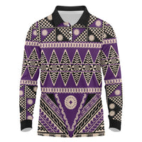 Vintage Bula Fiji Long Sleeve Polo Shirt Purple Tapa Masi Motif LT9 Purple - Polynesian Pride