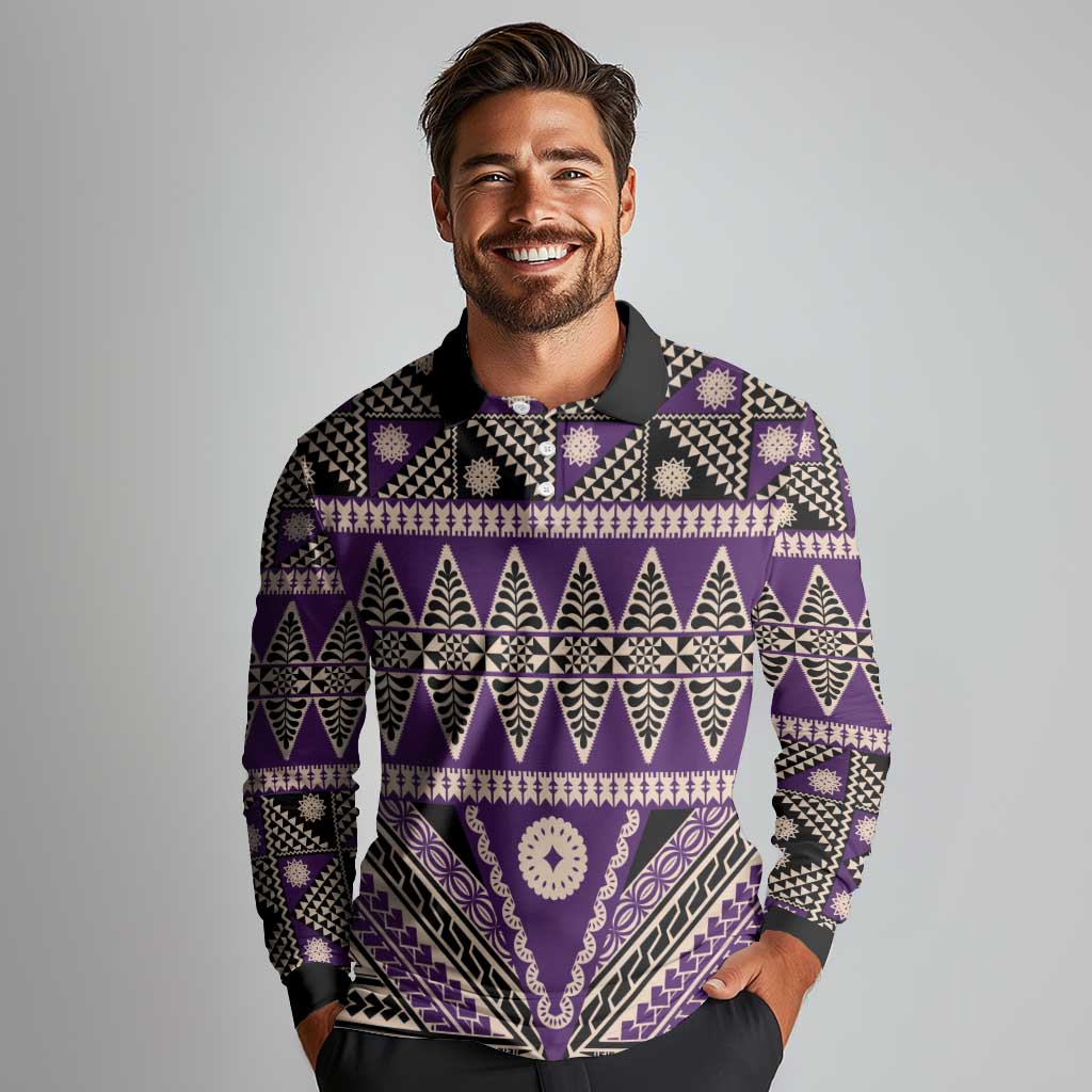 Vintage Bula Fiji Long Sleeve Polo Shirt Purple Tapa Masi Motif LT9 - Polynesian Pride