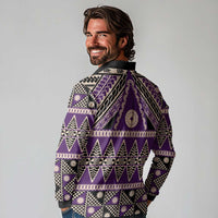 Vintage Bula Fiji Long Sleeve Polo Shirt Purple Tapa Masi Motif LT9 - Polynesian Pride