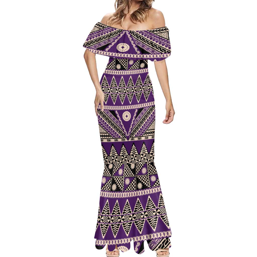 Vintage Bula Fiji Mermaid Dress Purple Tapa Masi Motif LT9 - Polynesian Pride