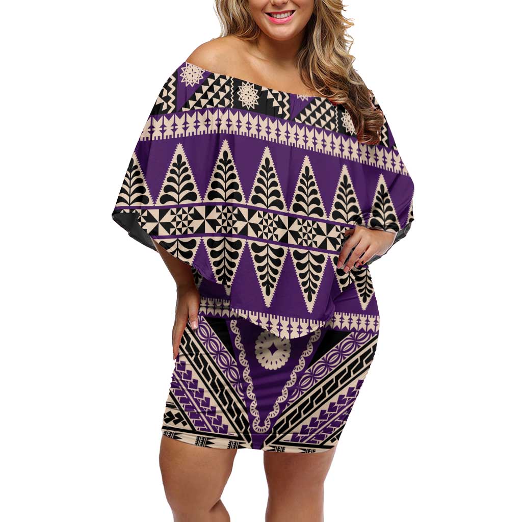 Vintage Bula Fiji Off Shoulder Short Dress Purple Tapa Masi Motif LT9 Women Purple - Polynesian Pride