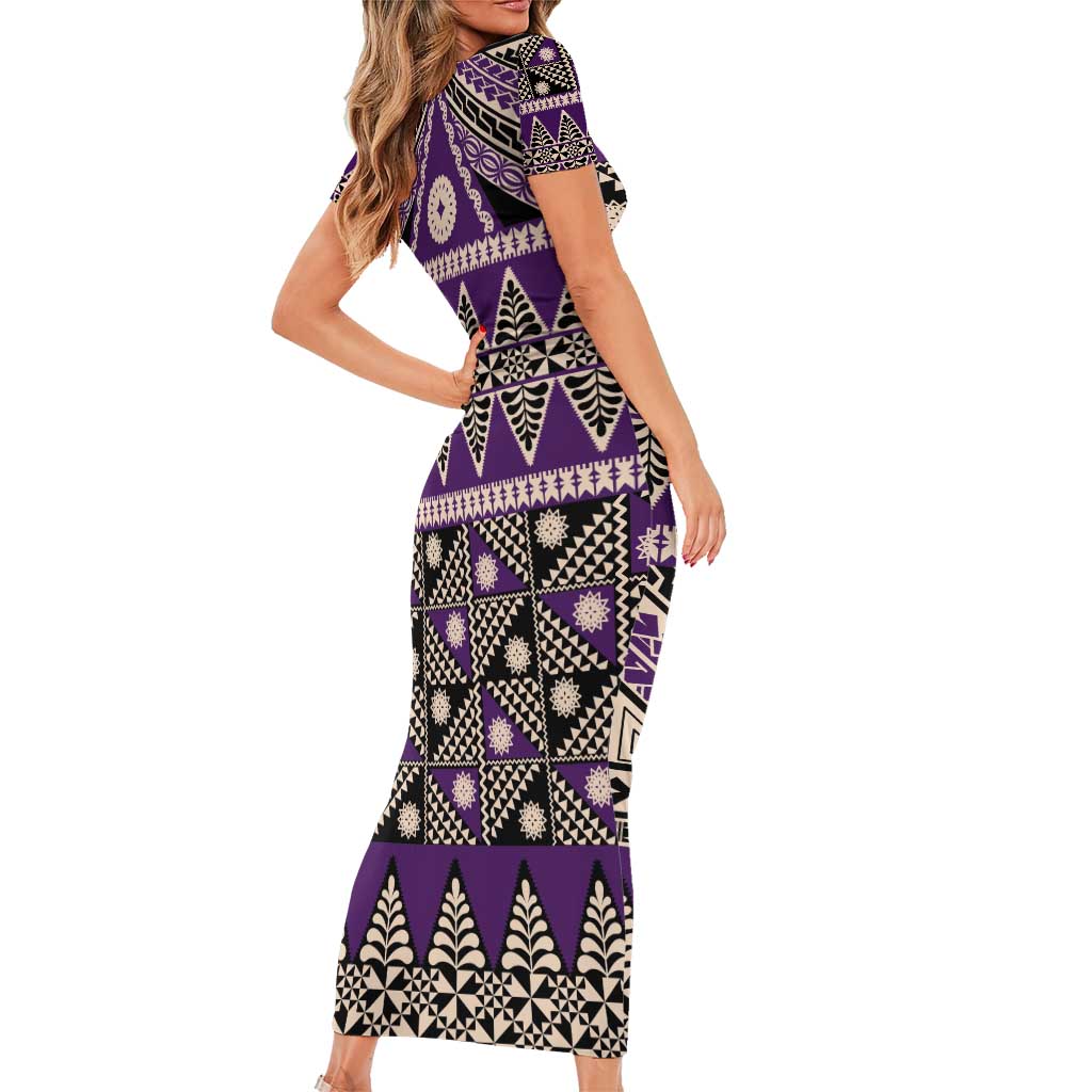 Vintage Bula Fiji Short Sleeve Bodycon Dress Purple Tapa Masi Motif LT9 - Polynesian Pride