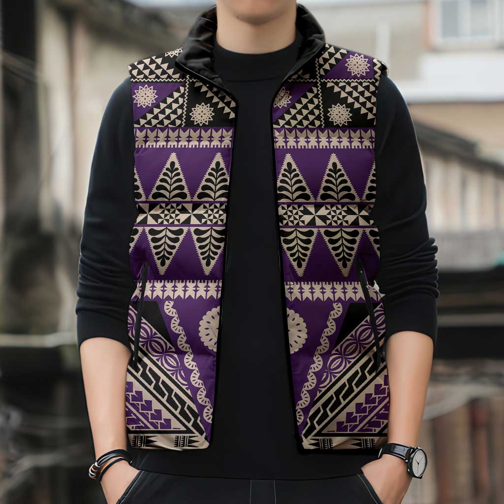 Vintage Bula Fiji Sleeveless Puffer Jacket Purple Tapa Masi Motif - Polynesian Pride