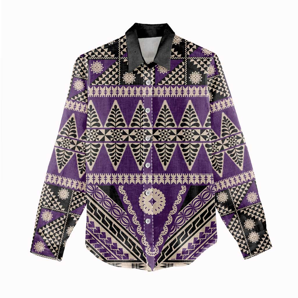 Vintage Bula Fiji Women Casual Shirt Purple Tapa Masi Motif LT9 - Polynesian Pride