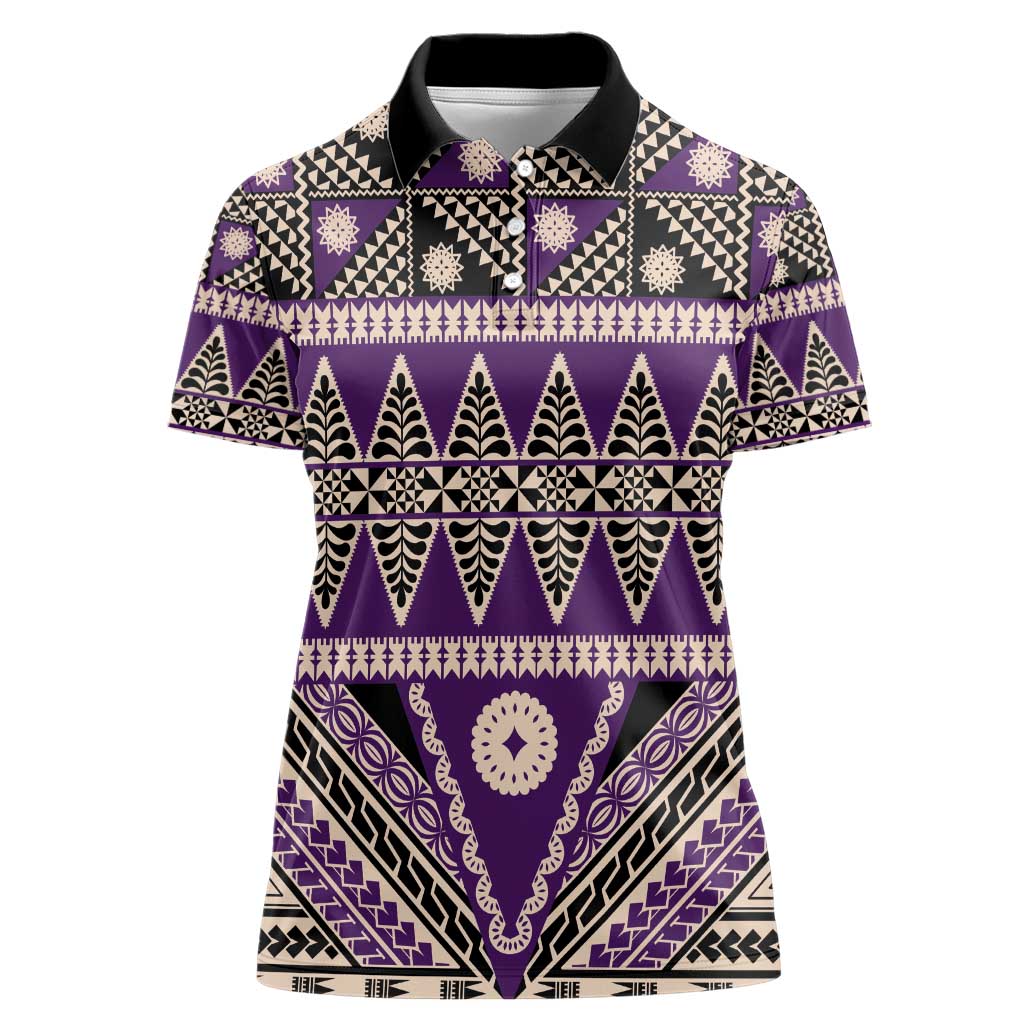 Vintage Bula Fiji Women Polo Shirt Purple Tapa Masi Motif LT9 Female Purple - Polynesian Pride