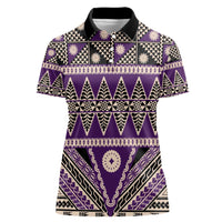 Vintage Bula Fiji Women Polo Shirt Purple Tapa Masi Motif LT9 Female Purple - Polynesian Pride