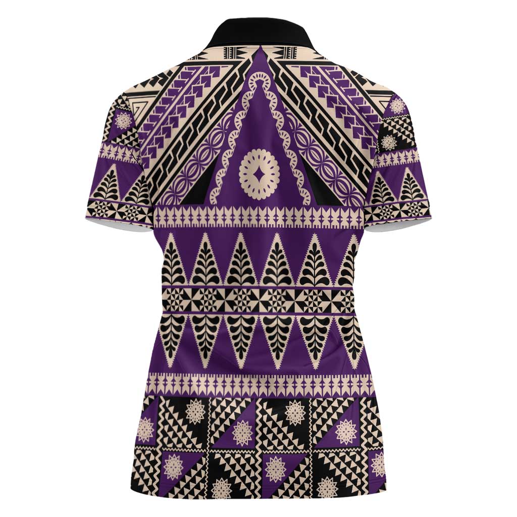 Vintage Bula Fiji Women Polo Shirt Purple Tapa Masi Motif LT9 - Polynesian Pride