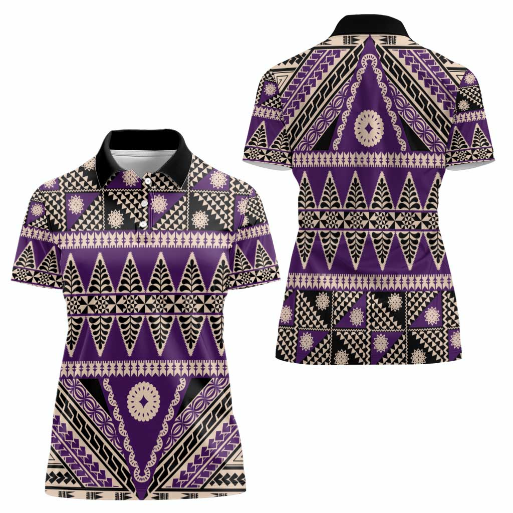 Vintage Bula Fiji Women Polo Shirt Purple Tapa Masi Motif LT9 - Polynesian Pride