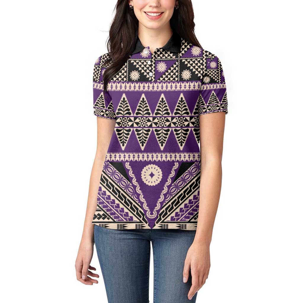Vintage Bula Fiji Women Polo Shirt Purple Tapa Masi Motif LT9 - Polynesian Pride