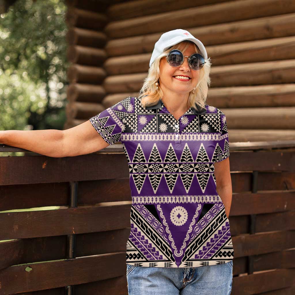Vintage Bula Fiji Women Polo Shirt Purple Tapa Masi Motif LT9 - Polynesian Pride