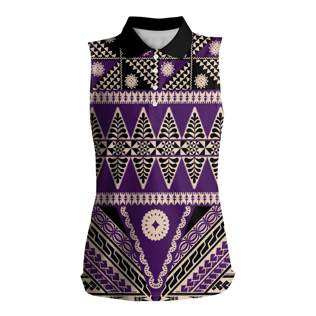 Vintage Bula Fiji Women Sleeveless Polo Shirt Purple Tapa Masi Motif LT9 Female Purple - Polynesian Pride