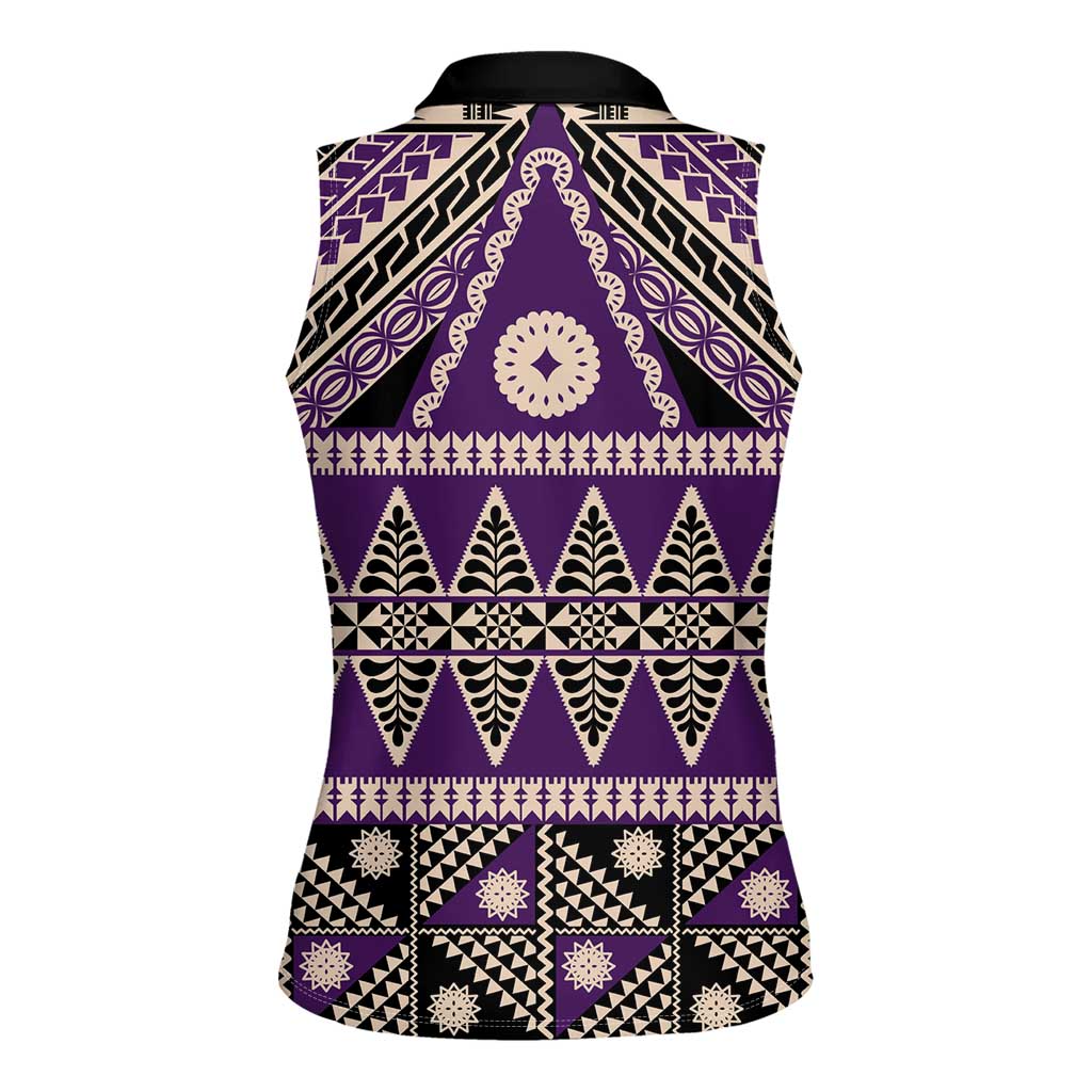 Vintage Bula Fiji Women Sleeveless Polo Shirt Purple Tapa Masi Motif LT9 - Polynesian Pride