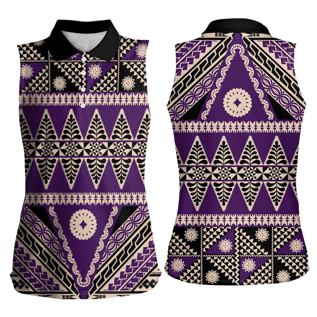 Vintage Bula Fiji Women Sleeveless Polo Shirt Purple Tapa Masi Motif LT9 - Polynesian Pride