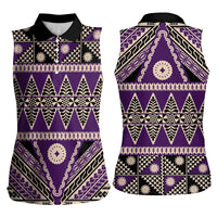 Vintage Bula Fiji Women Sleeveless Polo Shirt Purple Tapa Masi Motif LT9 - Polynesian Pride