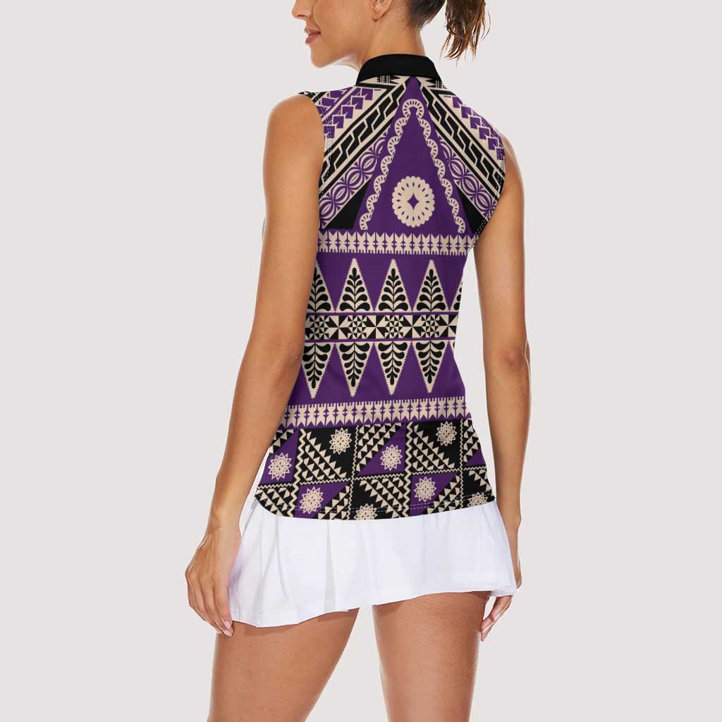 Vintage Bula Fiji Women Sleeveless Polo Shirt Purple Tapa Masi Motif LT9 - Polynesian Pride