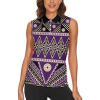 Vintage Bula Fiji Women Sleeveless Polo Shirt Purple Tapa Masi Motif LT9 - Polynesian Pride