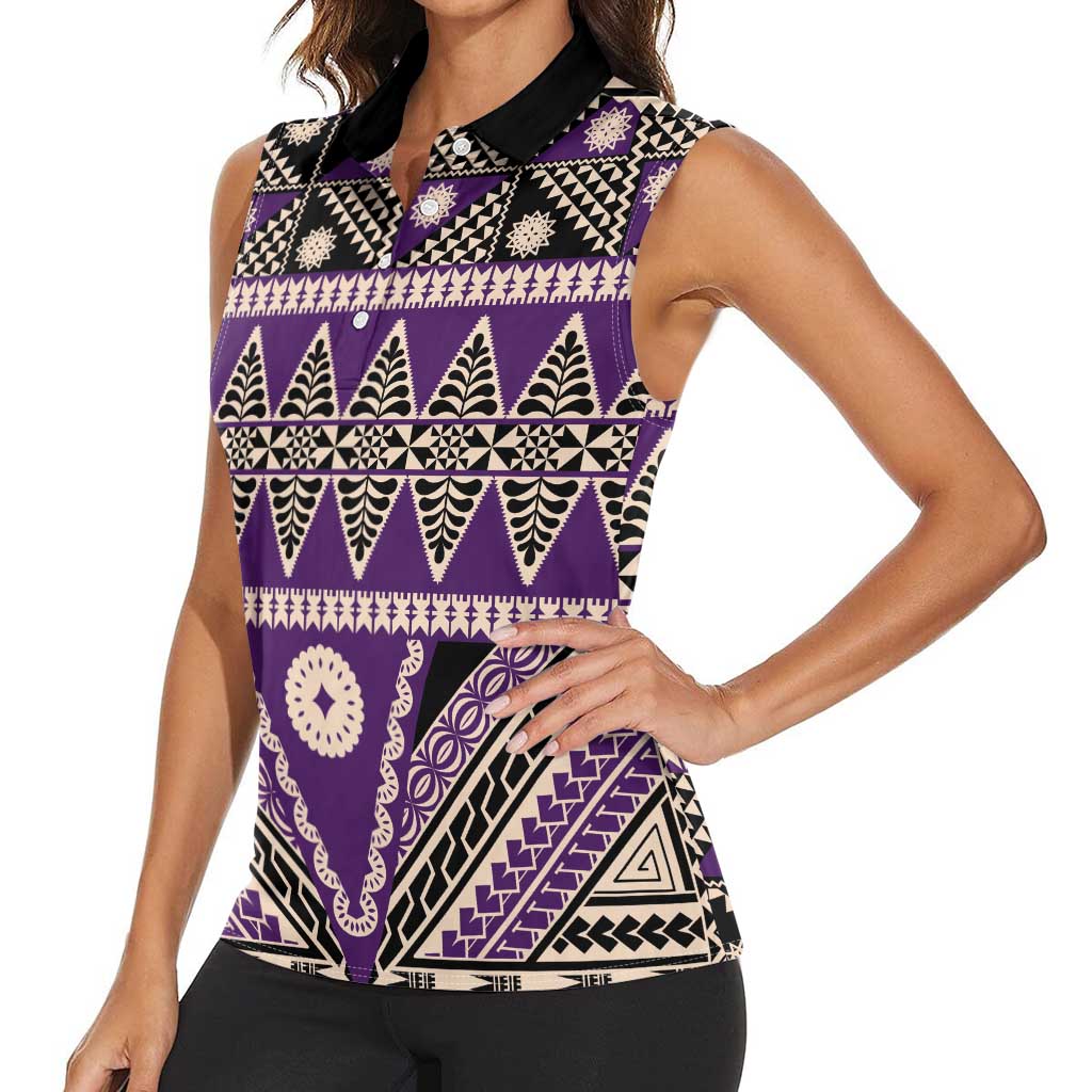 Vintage Bula Fiji Women Sleeveless Polo Shirt Purple Tapa Masi Motif LT9 - Polynesian Pride