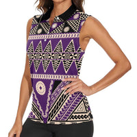 Vintage Bula Fiji Women Sleeveless Polo Shirt Purple Tapa Masi Motif LT9 - Polynesian Pride