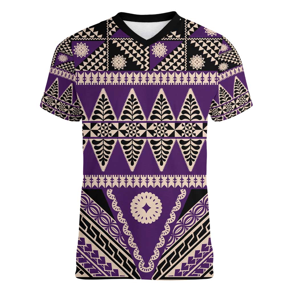 Vintage Bula Fiji Women V-Neck T-Shirt Purple Tapa Masi Motif LT9 Female Purple - Polynesian Pride