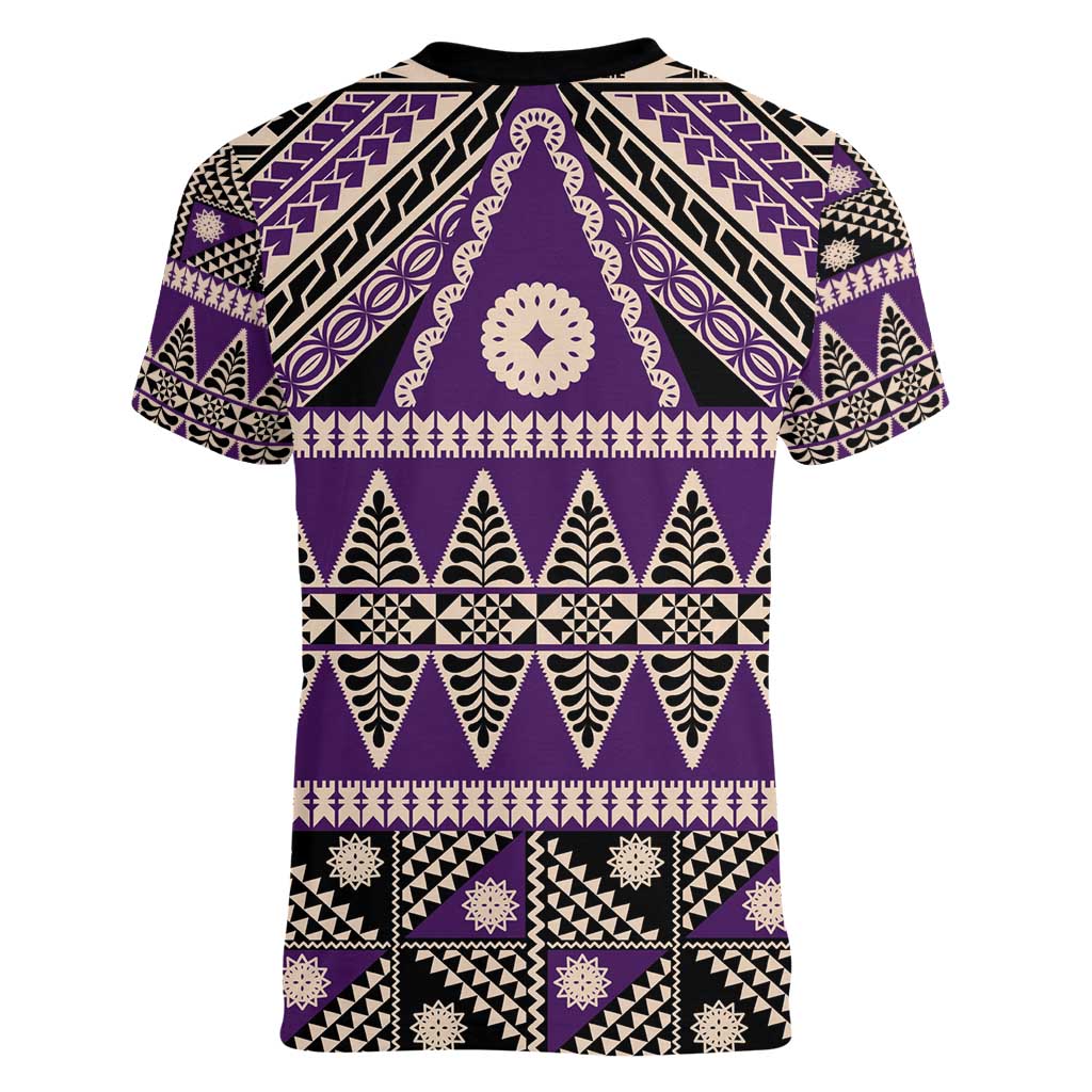 Vintage Bula Fiji Women V-Neck T-Shirt Purple Tapa Masi Motif LT9 - Polynesian Pride