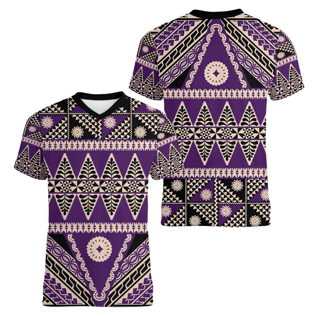 Vintage Bula Fiji Women V-Neck T-Shirt Purple Tapa Masi Motif LT9 - Polynesian Pride