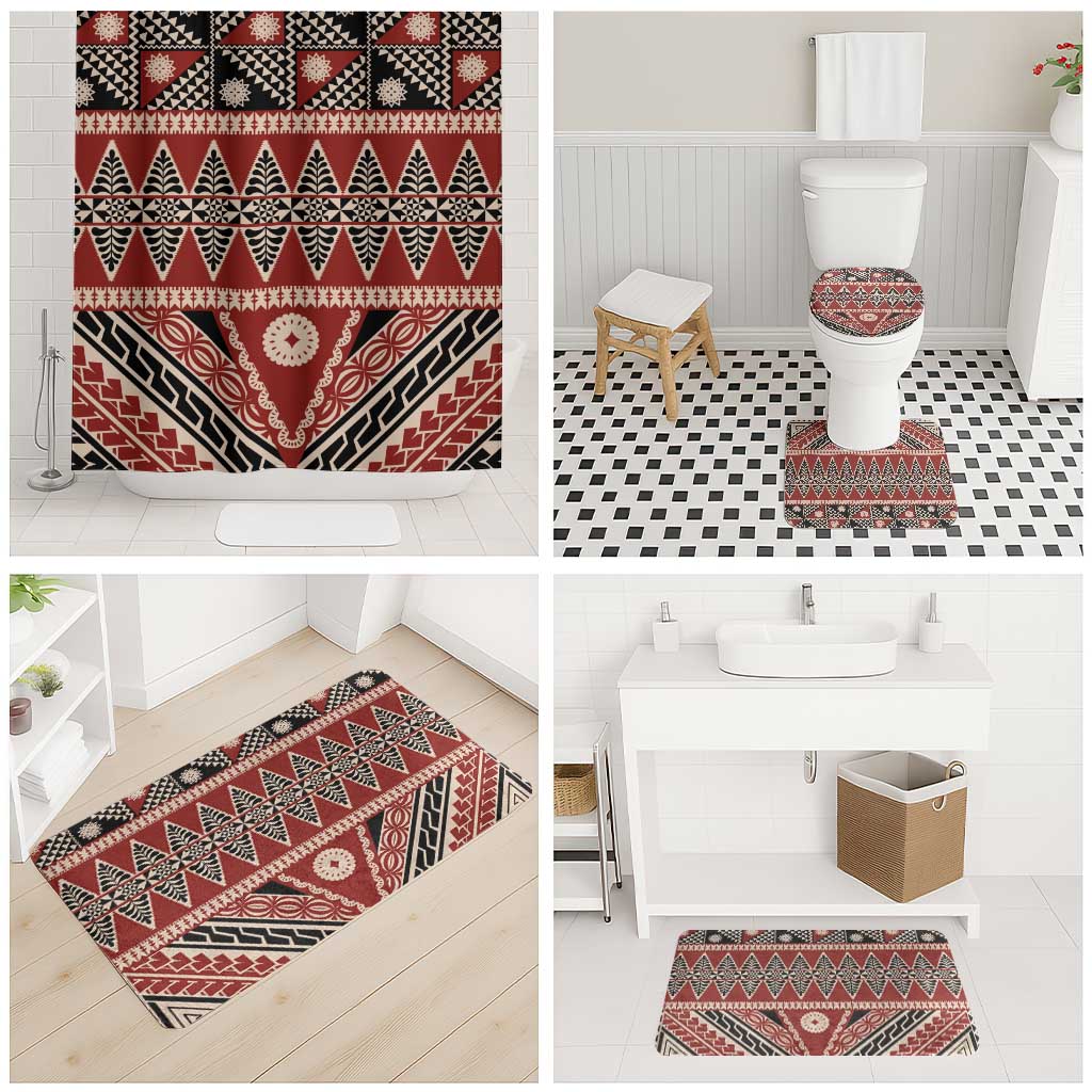 Vintage Bula Fiji Bathroom Set Red Tapa Masi Motif - Polynesian Pride