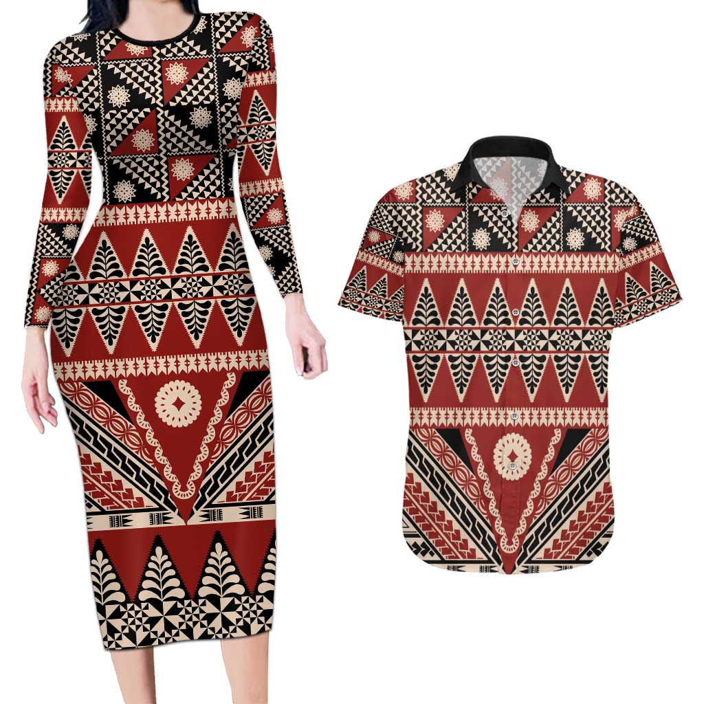 Vintage Bula Fiji Couples Matching Long Sleeve Bodycon Dress and Hawaiian Shirt Red Tapa Masi Motif