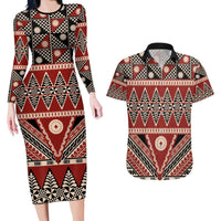 Vintage Bula Fiji Couples Matching Long Sleeve Bodycon Dress and Hawaiian Shirt Red Tapa Masi Motif LT9 Red - Polynesian Pride