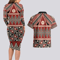 Vintage Bula Fiji Couples Matching Long Sleeve Bodycon Dress and Hawaiian Shirt Red Tapa Masi Motif LT9 - Polynesian Pride