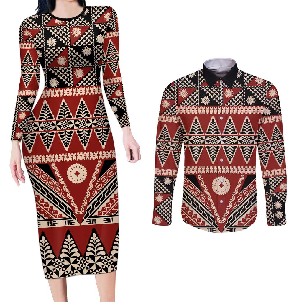 Vintage Bula Fiji Couples Matching Long Sleeve Bodycon Dress and Long Sleeve Button Shirt Red Tapa Masi Motif LT9 Red - Polynesian Pride