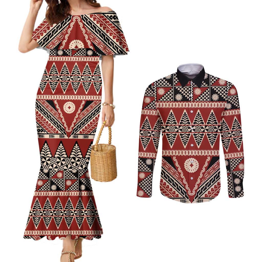 Vintage Bula Fiji Couples Matching Mermaid Dress and Long Sleeve Button Shirt Red Tapa Masi Motif LT9 Red - Polynesian Pride