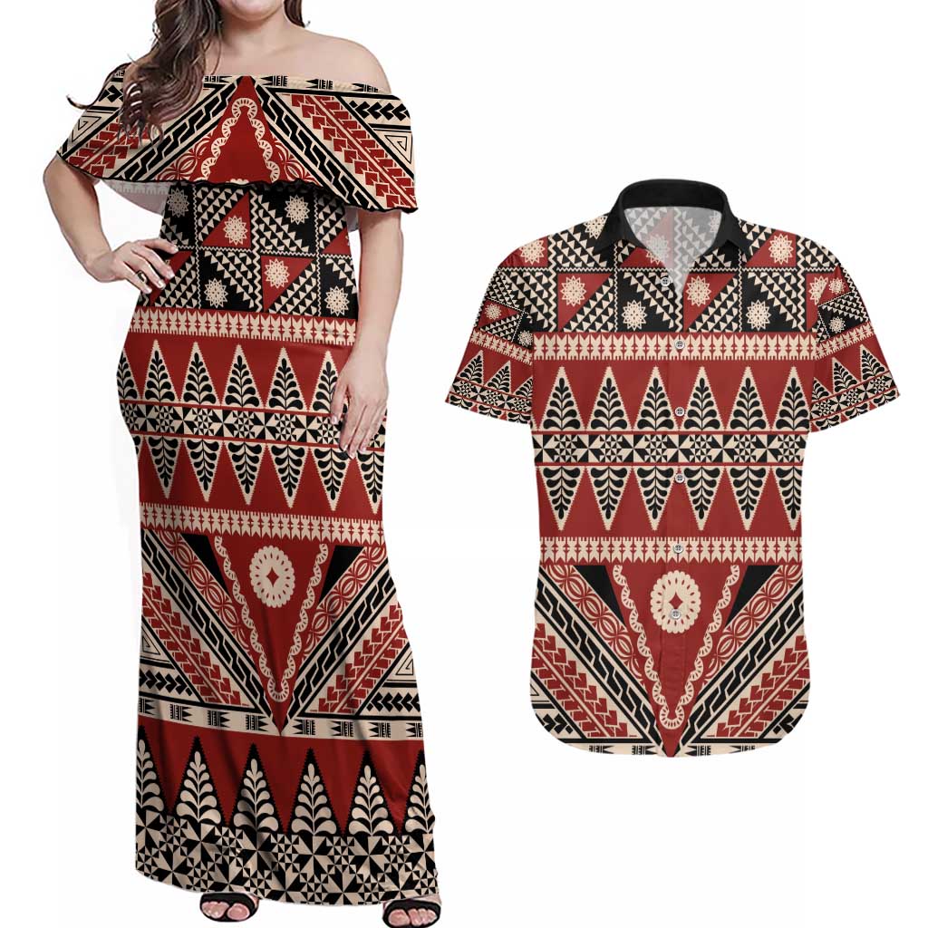 Vintage Bula Fiji Couples Matching Off Shoulder Maxi Dress and Hawaiian Shirt Red Tapa Masi Motif LT9 Red - Polynesian Pride