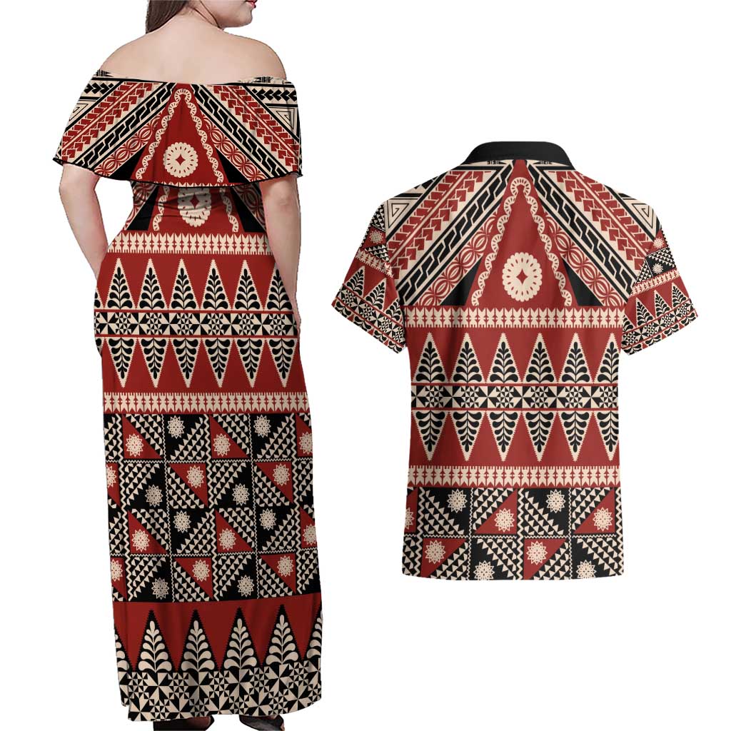 Vintage Bula Fiji Couples Matching Off Shoulder Maxi Dress and Hawaiian Shirt Red Tapa Masi Motif LT9 - Polynesian Pride