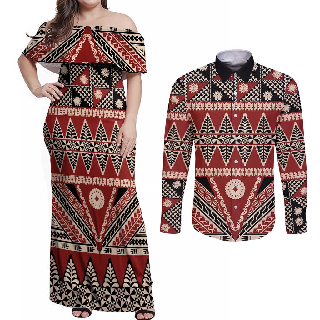 Vintage Bula Fiji Couples Matching Off Shoulder Maxi Dress and Long Sleeve Button Shirt Red Tapa Masi Motif LT9 Red - Polynesian Pride