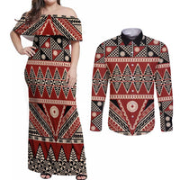 Vintage Bula Fiji Couples Matching Off Shoulder Maxi Dress and Long Sleeve Button Shirt Red Tapa Masi Motif LT9 Red - Polynesian Pride