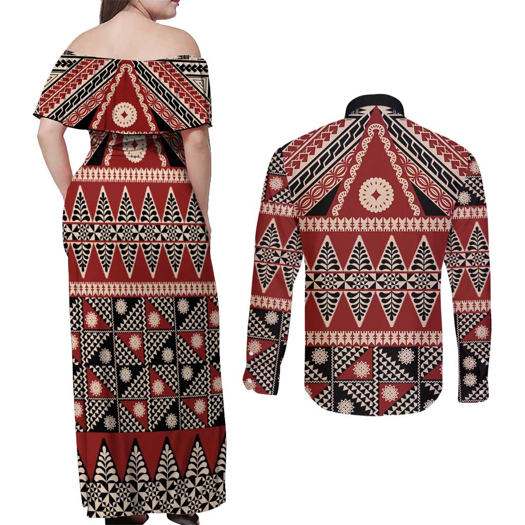 Vintage Bula Fiji Couples Matching Off Shoulder Maxi Dress and Long Sleeve Button Shirt Red Tapa Masi Motif LT9 - Polynesian Pride