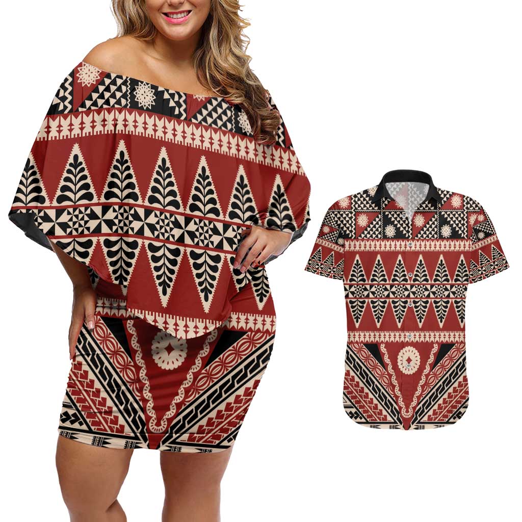 Vintage Bula Fiji Couples Matching Off Shoulder Short Dress and Hawaiian Shirt Red Tapa Masi Motif LT9 Red - Polynesian Pride
