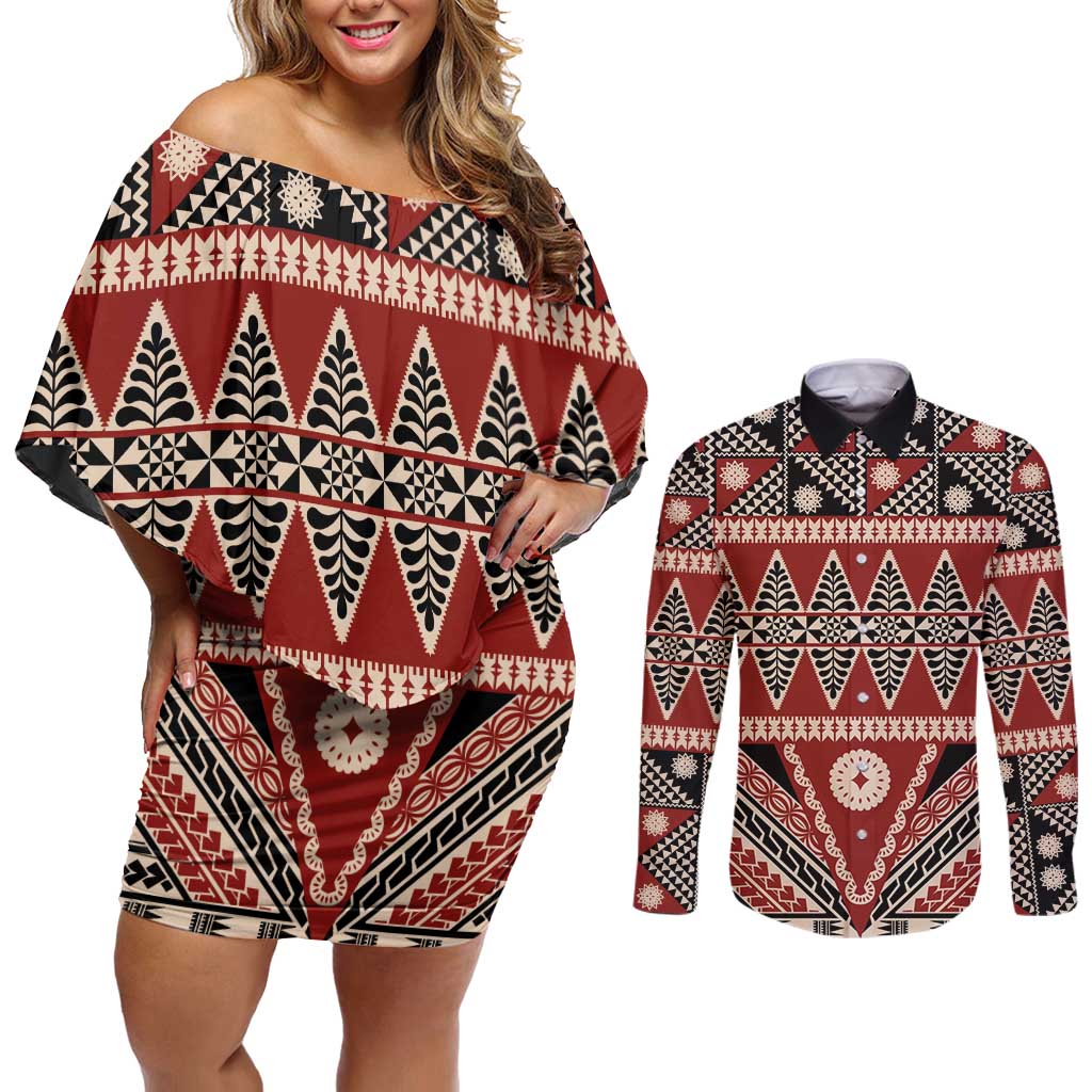 Vintage Bula Fiji Couples Matching Off Shoulder Short Dress and Long Sleeve Button Shirt Red Tapa Masi Motif LT9 Red - Polynesian Pride