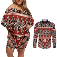 Vintage Bula Fiji Couples Matching Off Shoulder Short Dress and Long Sleeve Button Shirt Red Tapa Masi Motif LT9 Red - Polynesian Pride