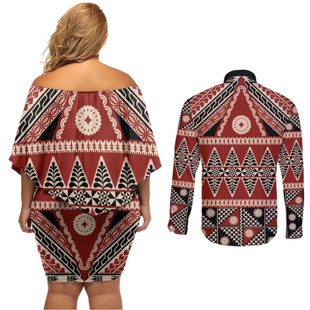 Vintage Bula Fiji Couples Matching Off Shoulder Short Dress and Long Sleeve Button Shirt Red Tapa Masi Motif LT9 - Polynesian Pride