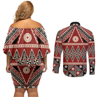 Vintage Bula Fiji Couples Matching Off Shoulder Short Dress and Long Sleeve Button Shirt Red Tapa Masi Motif LT9 - Polynesian Pride