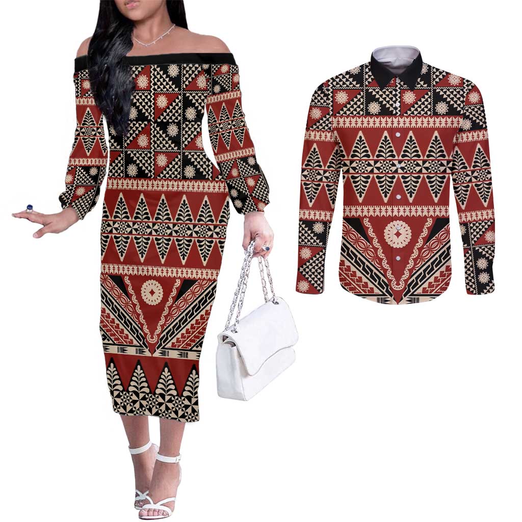 Vintage Bula Fiji Couples Matching Off The Shoulder Long Sleeve Dress and Long Sleeve Button Shirt Red Tapa Masi Motif
